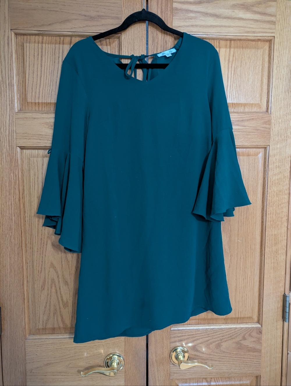 She + Sky Emerald Green Dress w/ Bell Sleeves + Tie Back Size Medium